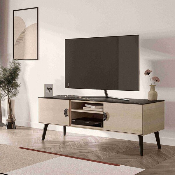 Manhattan Comfort Haley TV Stand 55.10 in White & Black Marble  in White and Black Marble - TV005-WB