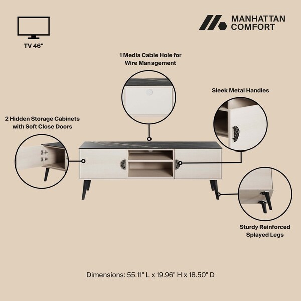 Manhattan Comfort Haley TV Stand 55.10 in White & Black Marble  in White and Black Marble - TV005-WB