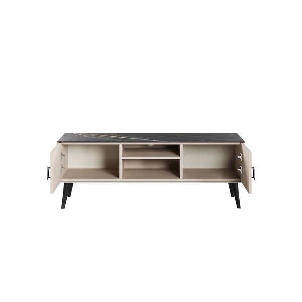 Manhattan Comfort Haley TV Stand 55.10 in White & Black Marble  in White and Black Marble - TV005-WB