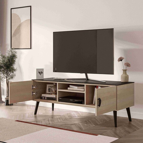 Manhattan Comfort Haley TV Stand 55.10 in White & Black Marble  in White and Black Marble - TV005-WB