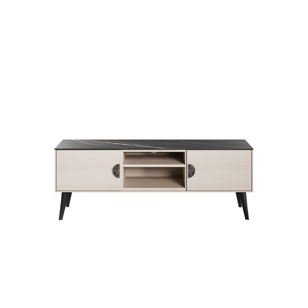 Manhattan Comfort Haley TV Stand 55.10 in White & Black Marble  in White and Black Marble - TV005-WB