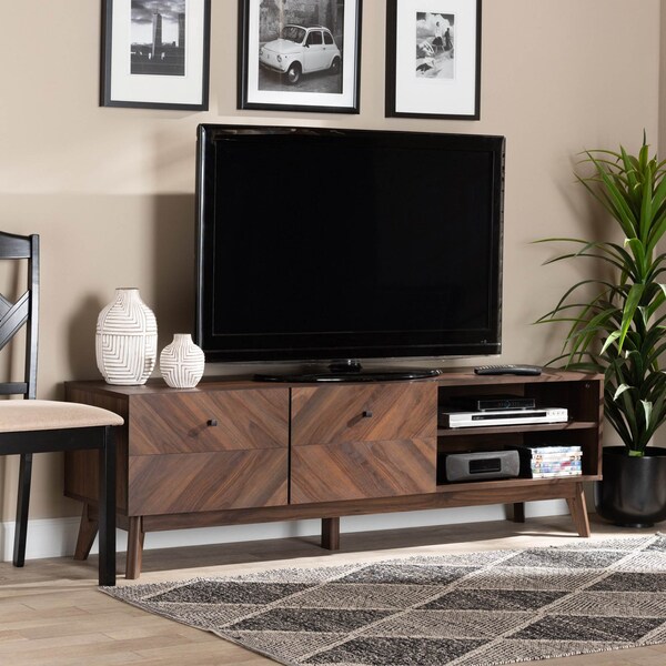 Baxton Studio Hartman Mid-Century Walnut Brown Finished Wood TV Stand - 193-12377-ZORO