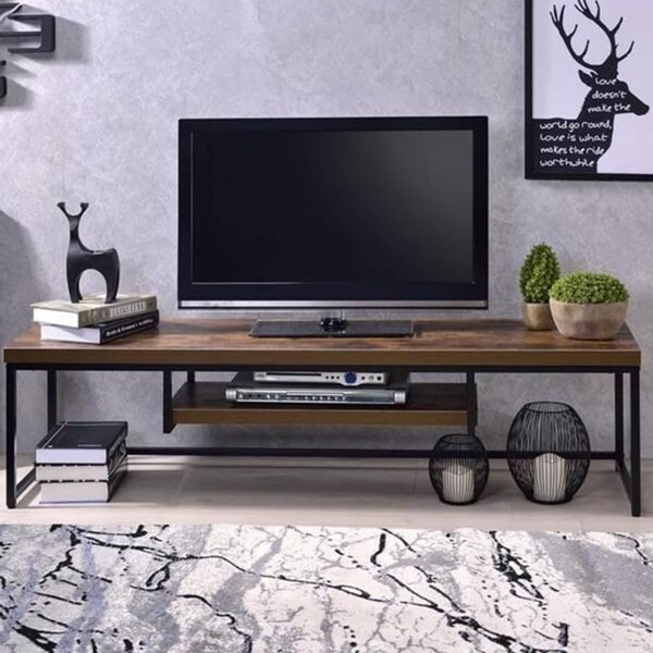 Acme Wooden TV Stand with Underneath Shelf in Weathered Oak and Black - ER-051OAK