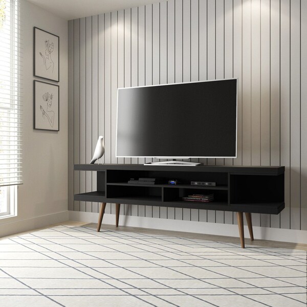Manhattan Comfort Utopia 70.47" TV Stand with Splayed Wooden Legs and 4 Shelves in Black - 19753