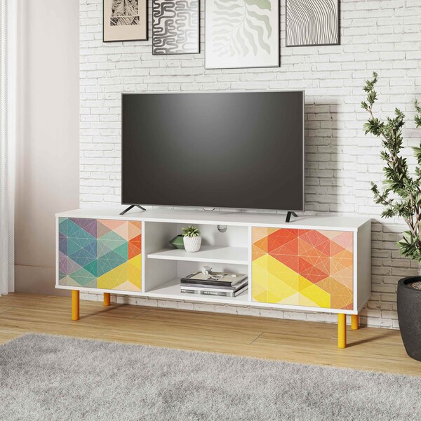 Manhattan Comfort Retro 57.87 TV Stand in White and Multi Color Red, Yellow, Blue - TV-315AMC132