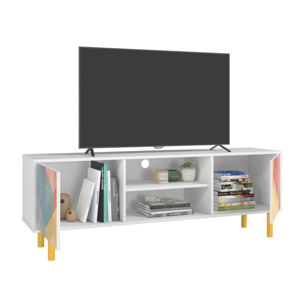 Manhattan Comfort Retro 57.87 TV Stand in White and Multi Color Red, Yellow, Blue - TV-315AMC132