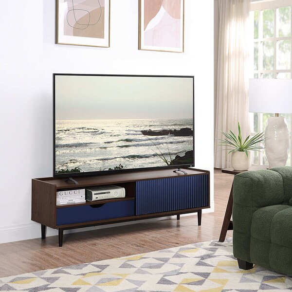 Manhattan Comfort Duane 59.25 Modern Ribbed TV Stand in Dark Brown and Navy Blue - TV-8GLF-NB