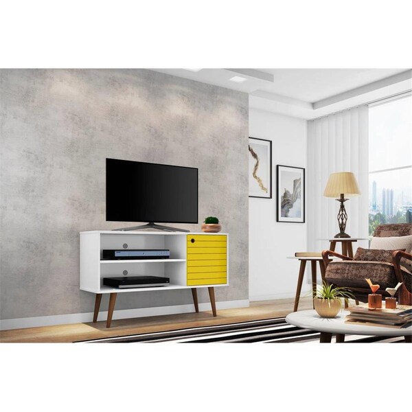 Designed To Furnish 42.52 in. Liberty Mid Century - Modern TV Stand with 2 Shelves & 1 Door in White & Yellow - DE2196873