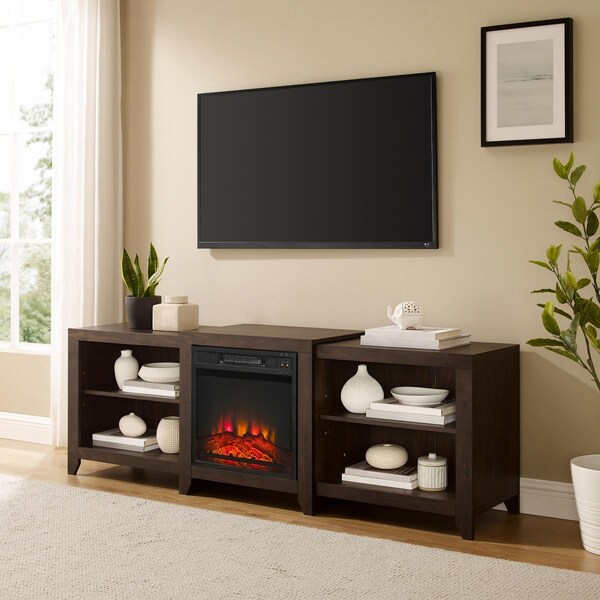 Crosley Furniture 69 in. Ronin Low Profile TV Stand with Fireplace, Dark Walnut - KF100969DW