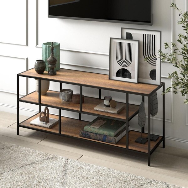 Henn & Hart 55 in. Winthrop Blackened Bronze TV Stand with Rustic Oak Shelves - TV1157