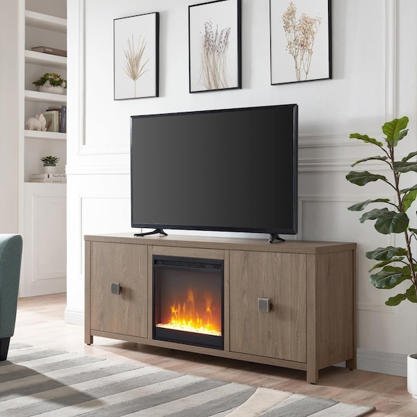 Henn & Hart 58 in. Juniper TV Stand with Crystal Fireplace Insert, Antiqued Gray - TV1291