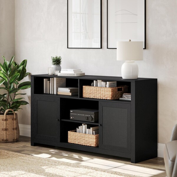 Flash Furniture Malaki 58 Inch Buffet Sideboard w/2 Soft Close Doors and Cntr Shelf, up to 65in. TV's, Black/Rattan - EV-ET8114-ZZ-BLK-GG