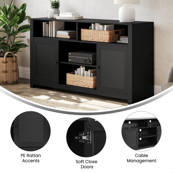 Flash Furniture Malaki 58 Inch Buffet Sideboard w/2 Soft Close Doors and Cntr Shelf, up to 65in. TV's, Black/Rattan - EV-ET8114-ZZ-BLK-GG