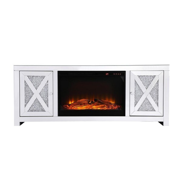 Microcomputermicroordenador 59 in. Modern Crystal Mirrored TV Stand with Wood Log Insert Fireplace - MI2571164
