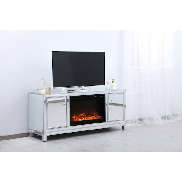 Elegant Decor 60 In. Mirrored Tv Stand With Wood Fireplace Insert In Antique Silver, 2PK, 677536 - MF701S-F1