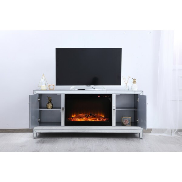 Elegant Decor 60 In. Mirrored Tv Stand With Wood Fireplace Insert In Antique Silver, 2PK, 677536 - MF701S-F1