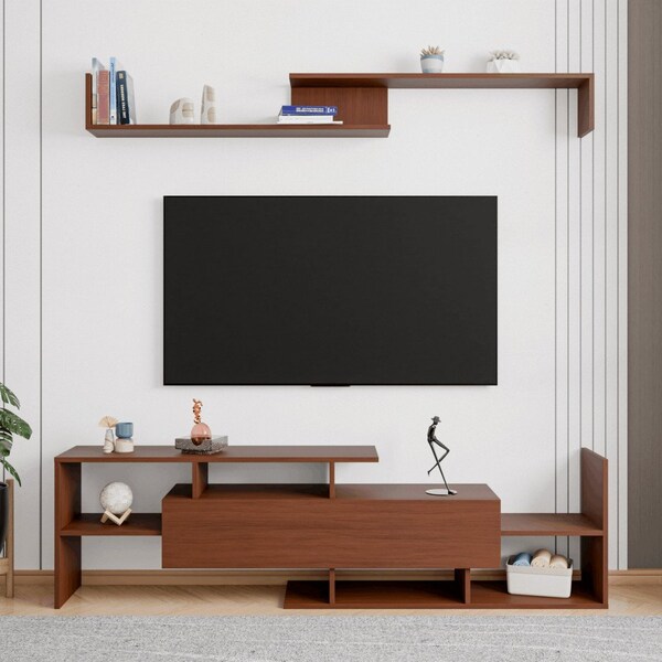 Leisuremod Surrey TV Stand with MDF Shelves and Bookcase, Walnut - STS60NW