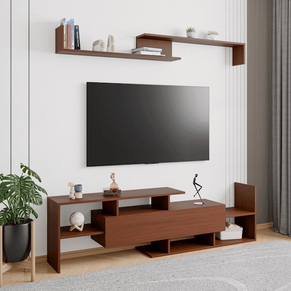 Leisuremod Surrey TV Stand with MDF Shelves and Bookcase, Walnut - STS60NW