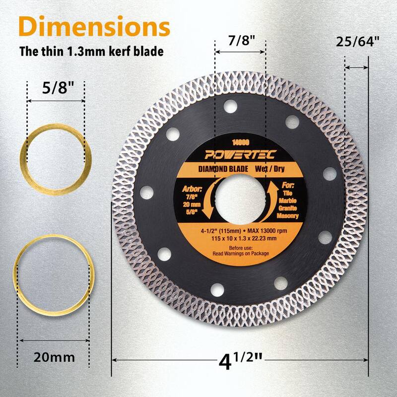 POWERTEC 4-1/2 pulgadas Hoja de Diamante de Malla Turbo Rim para Amoladora Angular, para Cortar Azulejos, Granito, Mármol y Mampostería Delgada (paquete de 3) - 14000-P3N