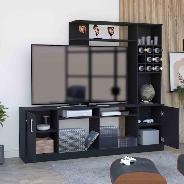 Tuhome Kava Entertainment Center, 6 External Shelves, 2 Door Cabinet, Storage Spaces  TV's up 37in, Black - CLW6717