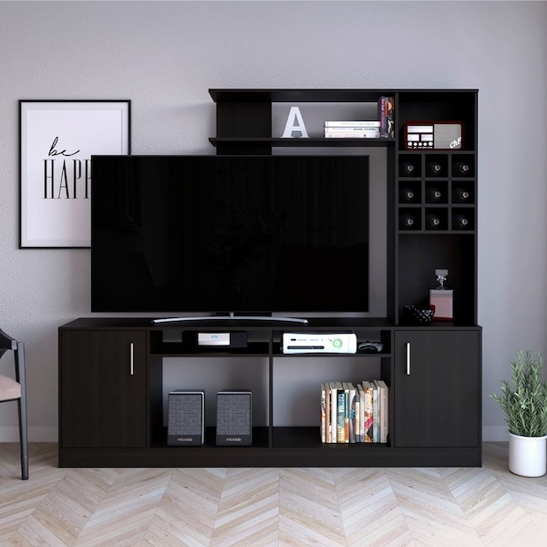 Tuhome Kava Entertainment Center, 6 External Shelves, 2 Door Cabinet, Storage Spaces  TV's up 37in, Black - CLW6717
