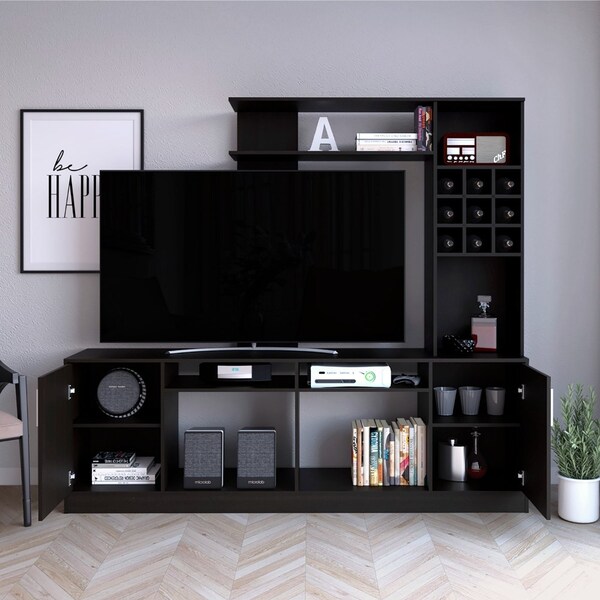 Tuhome Kava Entertainment Center, 6 External Shelves, 2 Door Cabinet, Storage Spaces  TV's up 37in, Black - CLW6717