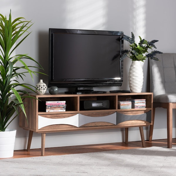 Baxton Studio Leane ModernNatural Brown Finished and Multi-Colored Wood 3-Drawer TV Stand - 196-12081-ZORO