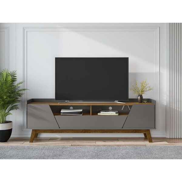 Manhattan Comfort Mid-Century Modern Marcus 70.86 TV Stand with Solid Wood Legs in Grey and Nature - 261BMC50
