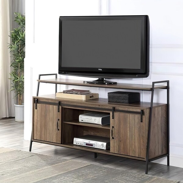 Acme Wooden TV Stand with 2 Open Shelves in Rustic Oak and Black - ER-0251OAK