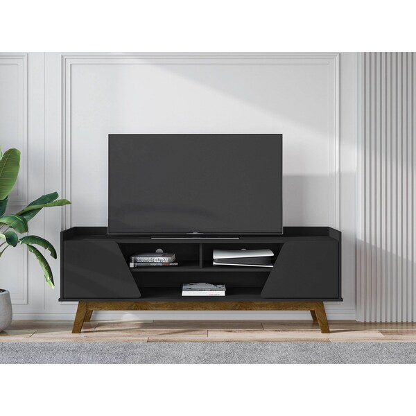 Manhattan Comfort Mid-Century Modern Marcus 62.99 TV Stand with Solid Wood Legs in Matte Black - 260BMC8