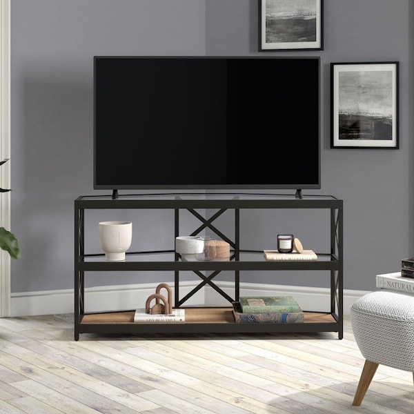 Henn & Hart Celine TV Stand with Rustic Oak Shelf, Blackened Bronze - TV1112
