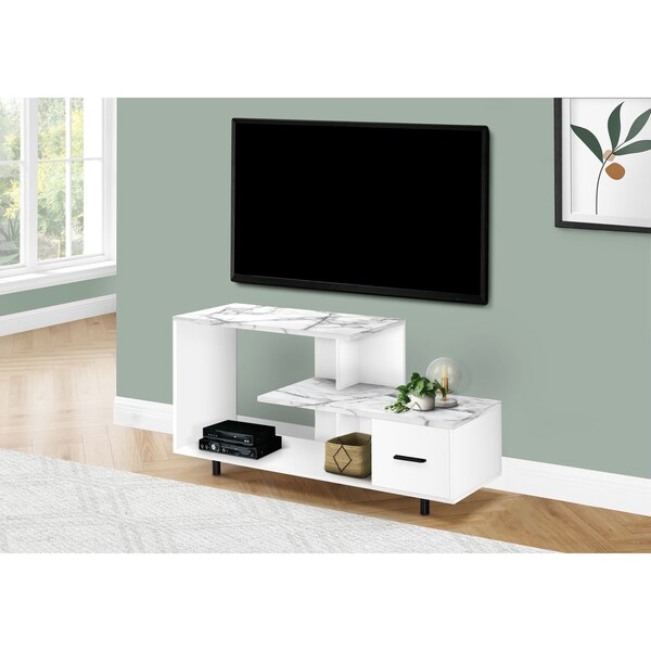 Monarch Specialties Tv Stand, 48 Inch, Console, Storage Drawer, Living Room, Bedroom, Laminate, White Marble Look - I 2609