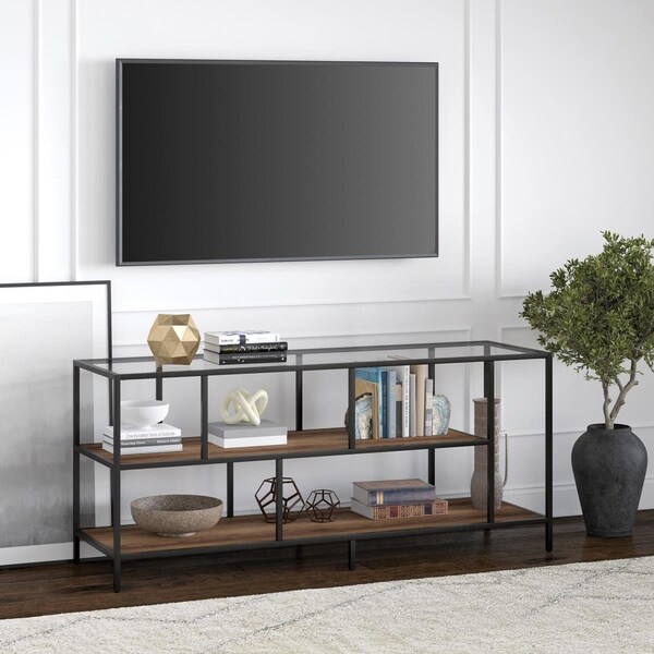 Henn & Hart 55 in. Winthrop Blackened Bronze TV Stand with Glass Top & Rustic Oak Shelves - TV1156