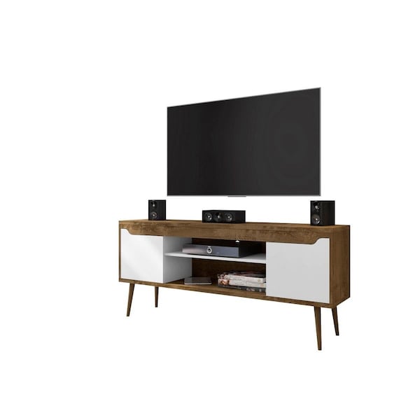 Designed To Furnish Bradley TV Stand Rustic Brown, White, 2 Media Shelves, 2 Storage Shelves, 26.57 x 62.99 x 14.17 in. - DE2616432