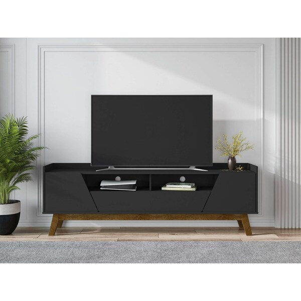 Manhattan Comfort Mid-Century Modern Marcus 70.86 TV Stand with Solid Wood Legs in Matte Black - 261BMC8
