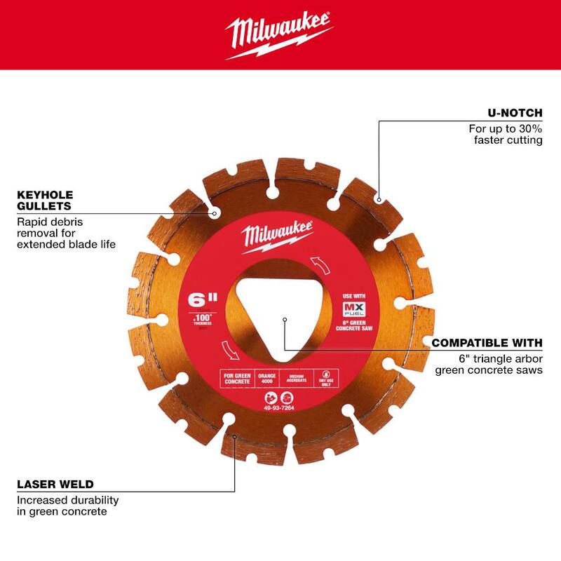 Milwaukee Naranja 6 pulgadas x .100 pulgadas Cuchilla de Diamante de Borde Segmentado para Corte de Concreto Verde (Paquete de 1) - 49-93-7264