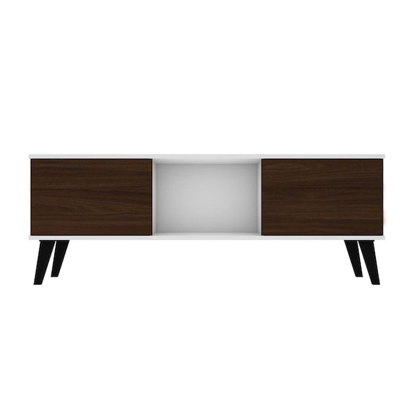 Designed To Furnish Doyers Mid-Century Modern TV Stand in White & Nut Brown 19.84 x 53.15 x 14.17 in. - DE2616323