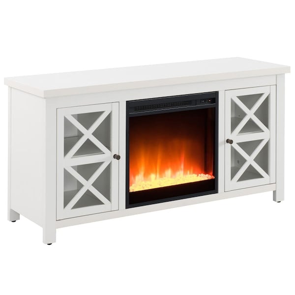 Hudson & Canal Henn & Hart TV0688 Colton White TV Stand with Crystal Fireplace Insert - 24 x 47 x 15 in. - TV0688