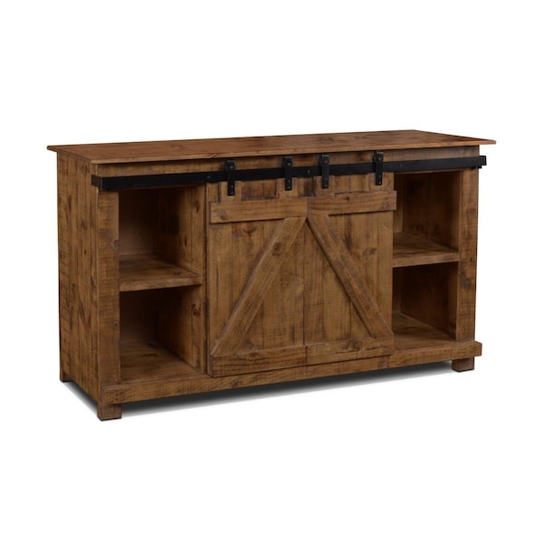 Fine-Line Stowe Barn Door Console - Media Cabinet & TV Stand Rustic Brown Solid Wood - FI2661541