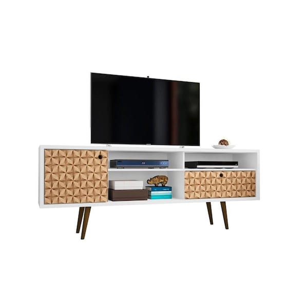 Manhattan Comfort 70.86 in. Liberty Mid-Century-Modern TV Stand , 4 Shelving Spaces & 1 Drawer White & 3D Brown Prints - MA336889