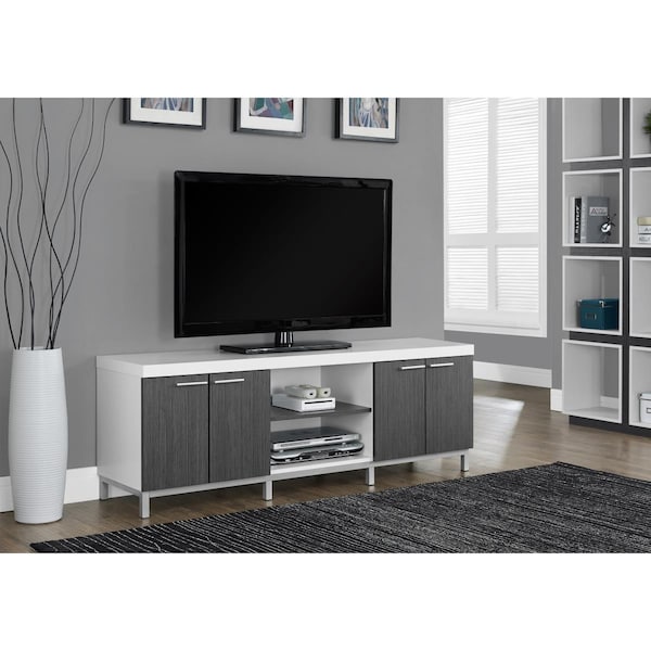 Homeroots 21.25 in. White Particle Board, Hollow Core, Grey MDF & Silver Metal TV Stand - 332890