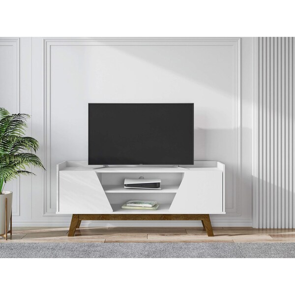 Manhattan Comfort Mid-Century Modern Marcus 53.14 TV Stand with Solid Wood Legs in White - 259BMC6