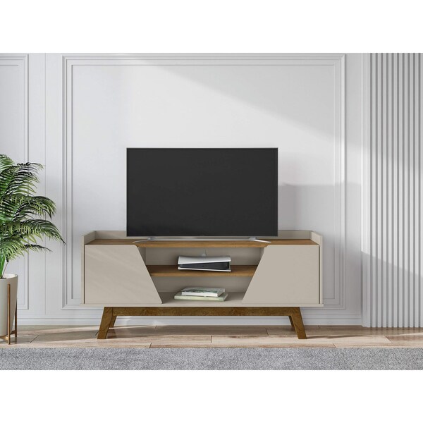 Manhattan Comfort Mid-Century Modern Marcus 53.14 TV Stand with Solid Wood Legs in Greige and Nature - 259BMC10