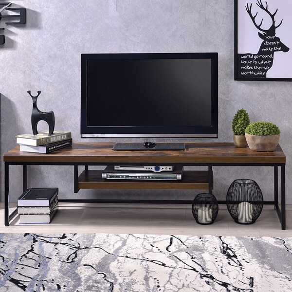 Acme Rectangular Wooden TV Stand with Shelf in Weathered Oak and Black - ER-045WOB