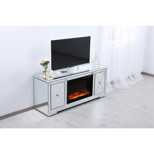 Elegant Decor 60 In. Mirrored Tv Stand With Wood Fireplace Insert In Antique Silver, 2PK, 677544 - MF601S-F1
