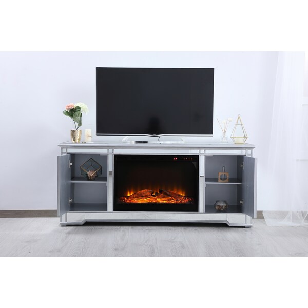 Elegant Decor 60 In. Mirrored Tv Stand With Wood Fireplace Insert In Antique Silver, 2PK, 677544 - MF601S-F1