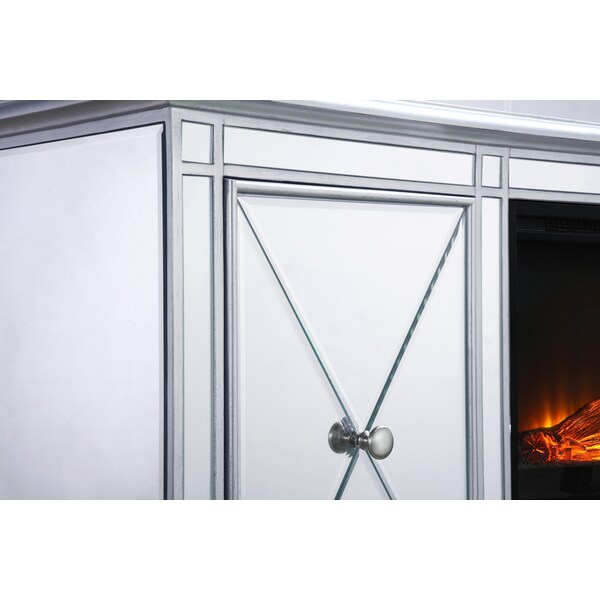 Elegant Decor 60 In. Mirrored Tv Stand With Wood Fireplace Insert In Antique Silver, 2PK, 677544 - MF601S-F1