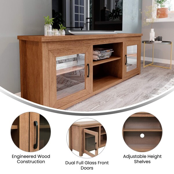 Flash Furniture Sheffield Classic TV Stand for up to 80in. TVs - Modern Walnut Finish w/Full Glss Doors - 3 Shelves - GC-MBLK65-WAL-GG