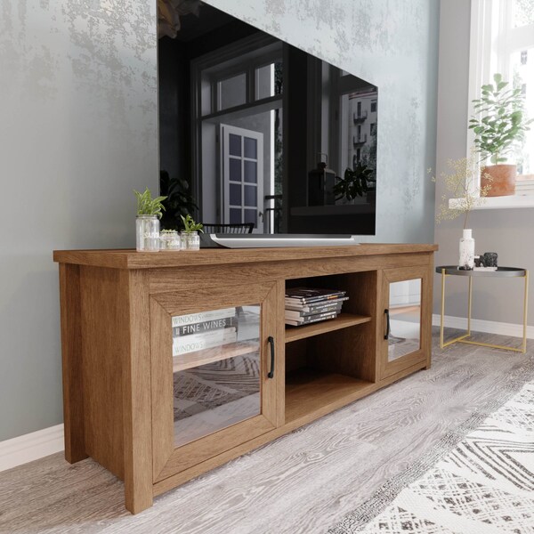 Flash Furniture Sheffield Classic TV Stand for up to 80in. TVs - Modern Walnut Finish w/Full Glss Doors - 3 Shelves - GC-MBLK65-WAL-GG