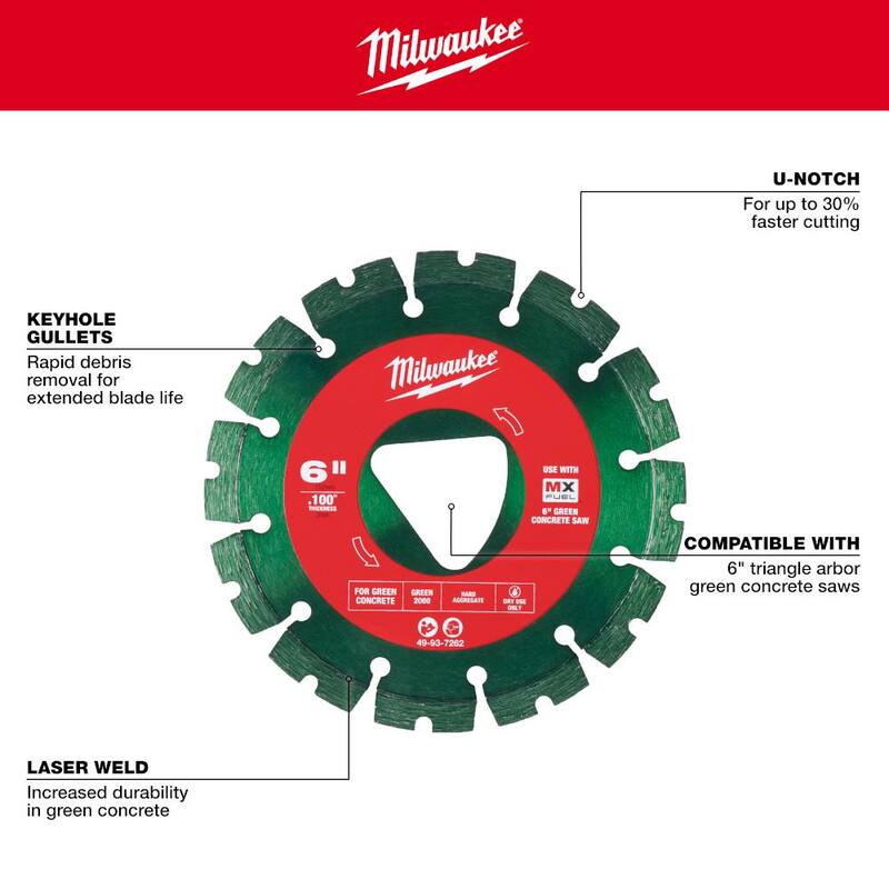 Milwaukee Verde 6 pulgadas x .100 pulgadas Cuchilla de Diamante con Borde Segmentado para Cortar Concreto (Paquete de 1) - 49-93-7262